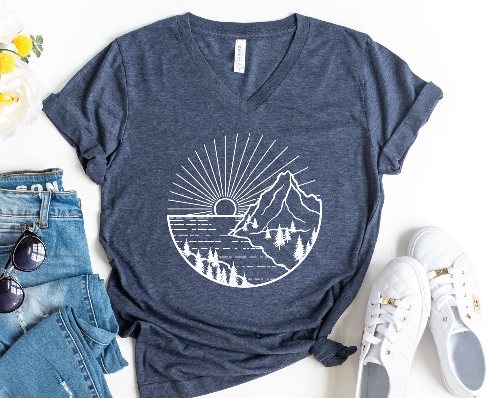Metroz Style Sun And Mountain V-Neck Shirt, Camping Shirt, Adventure Shirt, Explore Shirt, Hiking Shirt, Gift For Camper, Nature Shirt, Wanderlust Shirt
