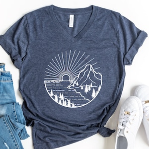 Sun And Mountain V-Neck Shirt, Camping Shirt, Adventure Shirt, Explore Shirt, Hiking Shirt, Gift For Camper, Nature Shirt, Wanderlust Shirt