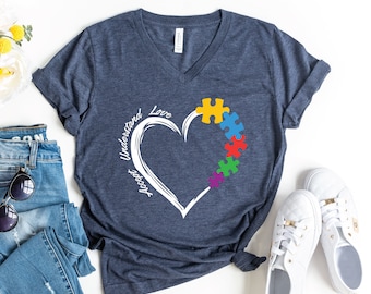 Autism V-Neck Shirt, Accept Understand Love Shirt, Autism Awareness T-Shirt, Puzzle Piece Shirt, Autism Teacher Shirt