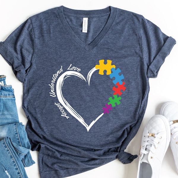 Autism V-Neck Shirt, Accept Understand Love Shirt, Autism Awareness T-Shirt, Puzzle Piece Shirt, Autism Teacher Shirt