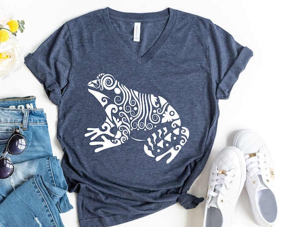 Frog V-Neck Shirt, Frog Lover Gift, Floral Frog T-Shirt, Cute Frog Shirt, Gift For Frog Lover, Animal Lover Shirt