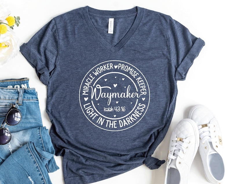 Waymaker V-Neck Shirt, Miracle Worker Promise Keeper Shirt, Faith Shirt, Religious Gift, Christian Shirt, Bible Verse Shirt, Christian Gift image 1