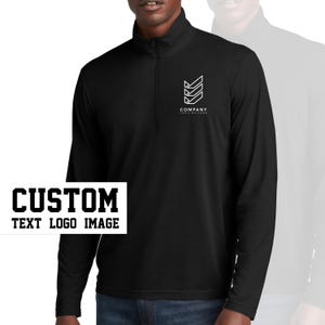 May include: Black long-sleeve mock neck shirt with a white geometric logo and the text "COMPANY TRADING HERE".