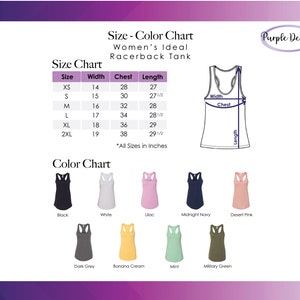 Puede incluir: Tabla de tallas y colores para un top de tirantes de espalda nadadora. La tabla muestra las tallas XS a 2XL con las medidas de ancho, pecho y largo correspondientes en pulgadas. La tabla de colores muestra 8 colores diferentes: negro, blanco, lila, azul marino, rosa desierto, gris oscuro, crema de pl&aacute;tano, menta y verde militar.