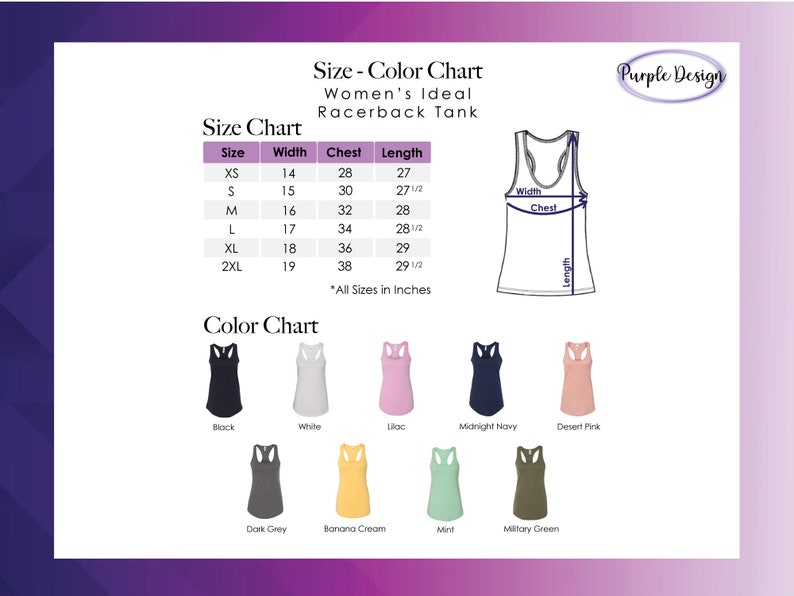 Puede incluir: Tabla de tallas y colores para un top de tirantes de espalda nadadora. La tabla muestra las tallas XS a 2XL con las medidas de ancho, pecho y largo correspondientes en pulgadas. La tabla de colores muestra 8 colores diferentes: negro, blanco, lila, azul marino, rosa desierto, gris oscuro, crema de pl&aacute;tano, menta y verde militar.