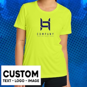a woman wearing a neon yellow t - shirt with the company logo on it