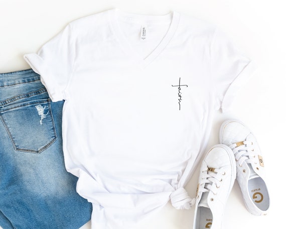 Faith V-Neck Shirt, Religious Shirt, Spiritual T-Shirt, Christian Shirt, Vertical Cross Shirt, Church Shirt, Gift For Christian