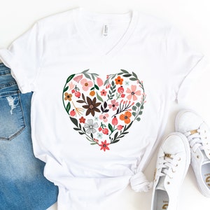 Wildflower V-Neck Shirt,  Heart Flower Shirt, Botanical Shirt, Nature Lover Shirt, Floral Shirt, Ladies Shirt, Plant Lover Gift