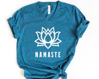 Namaste V-Neck Shirt, Yoga Shirt, Yoga Lover Shirt, Lotus Shirt, Meditation Shirt, Workout T-Shirt, Yoga Lover Gift, Woman Yoga Shirt