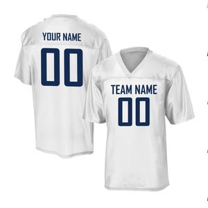 two white football jerseys with blue text and numbers on the back and front.