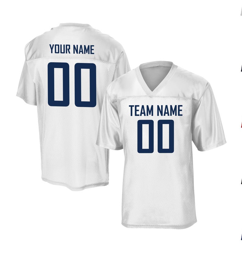 two white football jerseys with blue text and numbers on the back and front.
