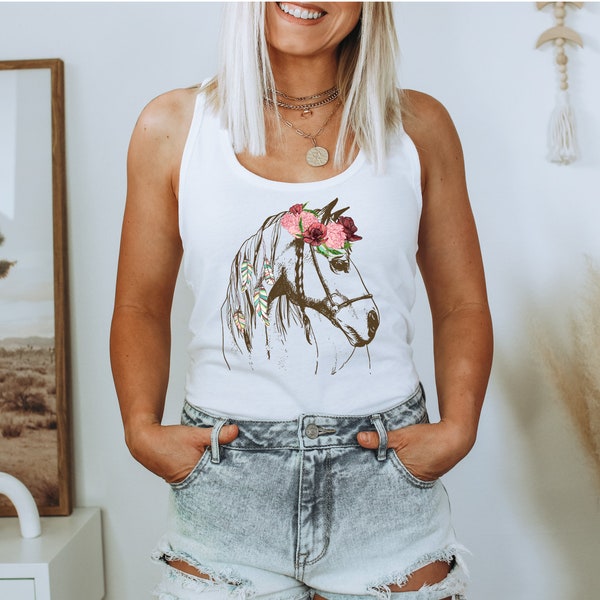 Floral Horse Tank Top, Gift For Horse Lover, Horse Owner Racerback Tank Tops, Equestrian Tank Tops, Animal Lover Gift, Farm Tank Tops