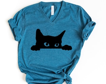 Cat Owner V-Neck Shirt: Black Kitty Design (Soft Cotton)