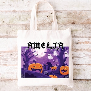Personalized Halloween Tote Bag  Black Cat Pumpkin Skeleton Customized Halloween Tote Bag Your Text Ghost Witch Castle Canvas Tote Bag