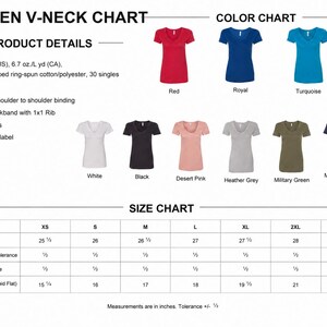 a women's v-neck chart with color charts and size charts for various t-shirt designs. The chart provides details about the product, such as the type of cotton, the number of yards, and the measurements for different sizes.