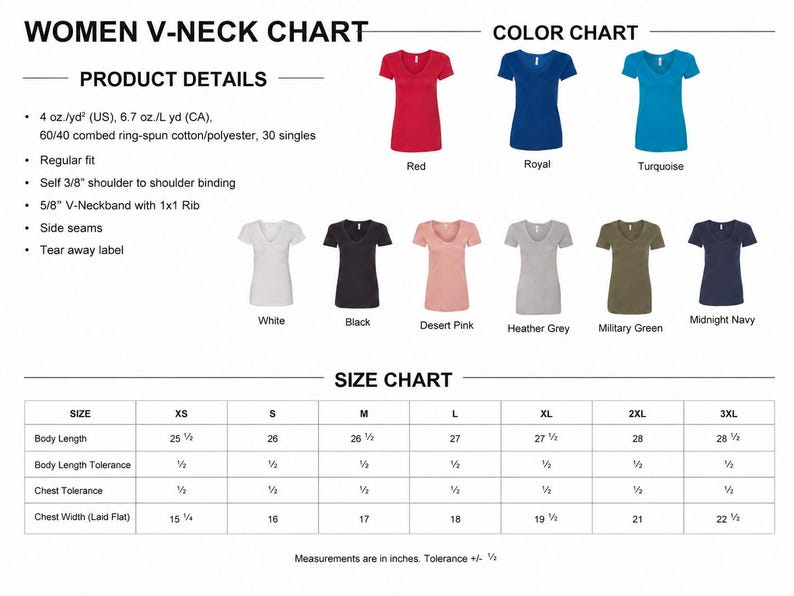 a women's v-neck chart with color charts and size charts for various t-shirt designs. The chart provides details about the product, such as the type of cotton, the number of yards, and the measurements for different sizes.
