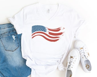 Vintage American Flag V-Neck Shirt, Fourth of July Shirt, Patriotic Shirt, Independence Day Shirt, 4th Of July Gift, American Shirt