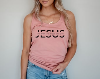 May include: A pink tank top with the text "JESUS The Way, The Truth, The Life" printed in black.