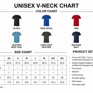 The image is a color chart and size chart for a collection of t-shirts, displaying various color options and corresponding sizes.