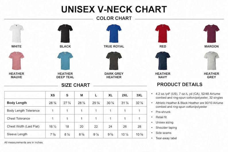 The image is a color chart and size chart for a collection of t-shirts, displaying various color options and corresponding sizes.