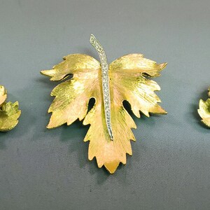 Vintage Park Lane gold tone and rhinestone leaf earrings and pin