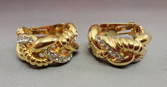 Vintage gold tone rhinestone clip on hoop earrings - image 1