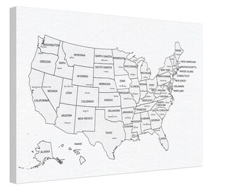 Quadro de avisos dos EUA, cidades detalhadas para fixar, mapa dos EUA, preto e branco, mapa dos EUA preto e branco com todas as capitais federais