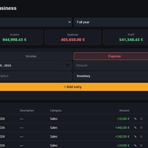 Könnte beinhalten: Eine dunkel gestaltete Business-Dashboard-Oberfläche mit dem Titel My Business, die Finanzdaten für 2026 mit Einnahmen, Ausgaben und Gewinnen in Euro anzeigt. Sie enthält Eingabefelder für Datum, Betrag und Beschreibung sowie eine Transaktionsliste.
