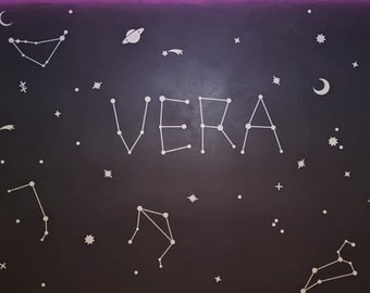 Sticker mural prénom étoile/ Sticker espace/ Étoiles Constellation personnalisées/ chambre d&#39;enfant/ galaxie/ Style tendance/ cadeau