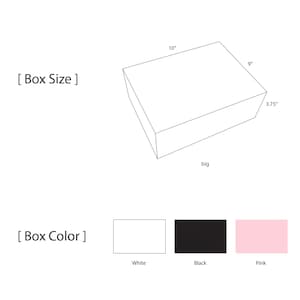 May include: A line drawing of a box with dimensions of 10 inches by 9 inches by 3.75 inches. The box is labelled "big". Below the box are three colour swatches labelled "White", "Black", and "Pink".