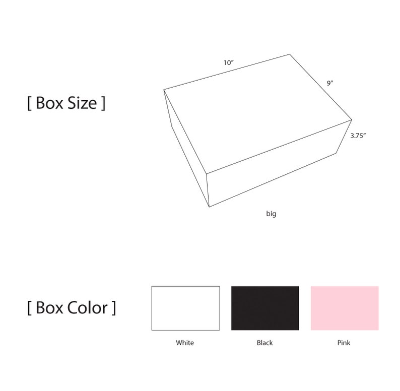 May include: A line drawing of a box with dimensions of 10 inches by 9 inches by 3.75 inches. The box is labelled "big". Below the box are three colour swatches labelled "White", "Black", and "Pink".