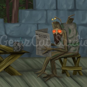 Valheim Greydwarf Reading Newspaper Art Print – Giclée Funny Viking Video Game Artwork