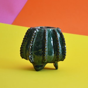 Decorative handmade clay Piña pinapple Cactuts container candle holder rustic style folk-art object from michoacan green color image 1