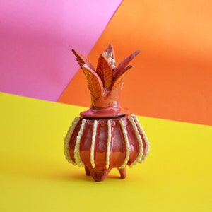 Decorative handmade clay Piña pinapple Cactuts container candle holder rustic style folk-art object from michoacan red and whitecolor