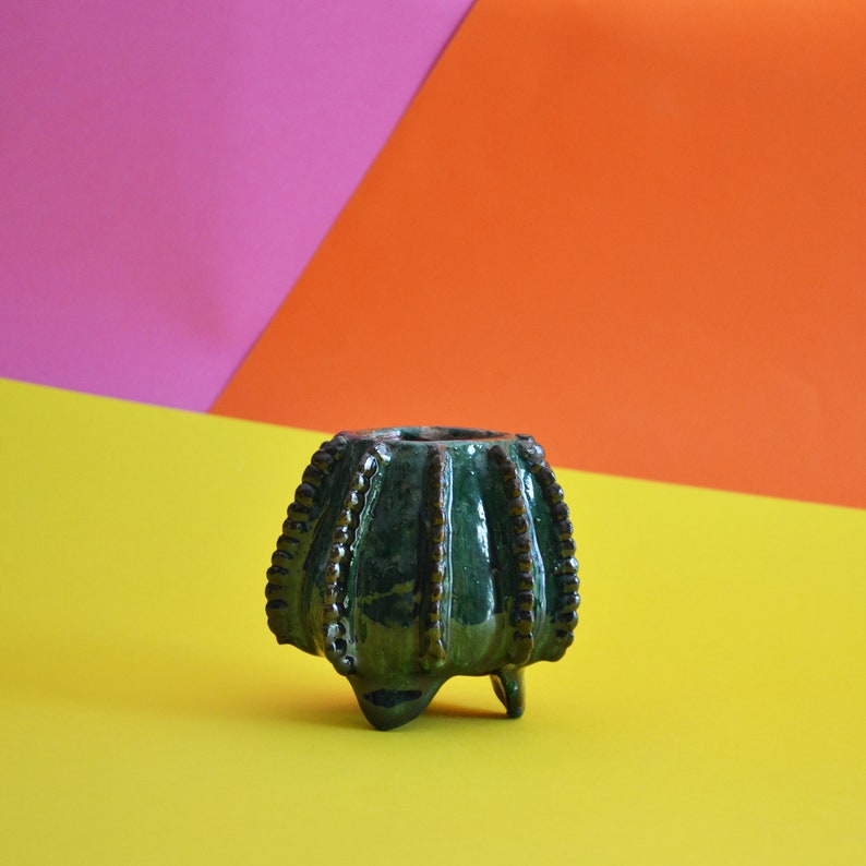 Decorative handmade clay Piña pinapple Cactuts container candle holder rustic style folk-art object from michoacan green color image 1