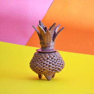 Decorative handmade clay PIÑA container candle holder rustic style folk-art object from michoacan lila color