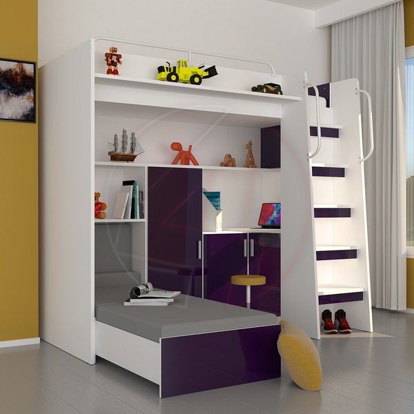 Modern Cabin Bed High Sleeper Bed Loft Bed Mid Sleeper Bed Single Double Bedroom Furniture Set Wardrobe Desk Kids Child Single Storage Bed