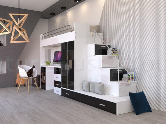 High sleeper bed with desk and wardrobe discount