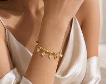 Gold Charm Bangle Bracelet for Women, Stainless Steel, Heart Charm Bracelet, Clover Charm Cuff, Elegant Minimalist Jewelry, Gift for Her
