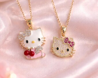Fully Iced Cartoon Cat Pendant Necklace – Pink Bow Hip Hop Charm – Bling CZ /Rap Jewelry Gift, kid cuff necklace, unique gift for her