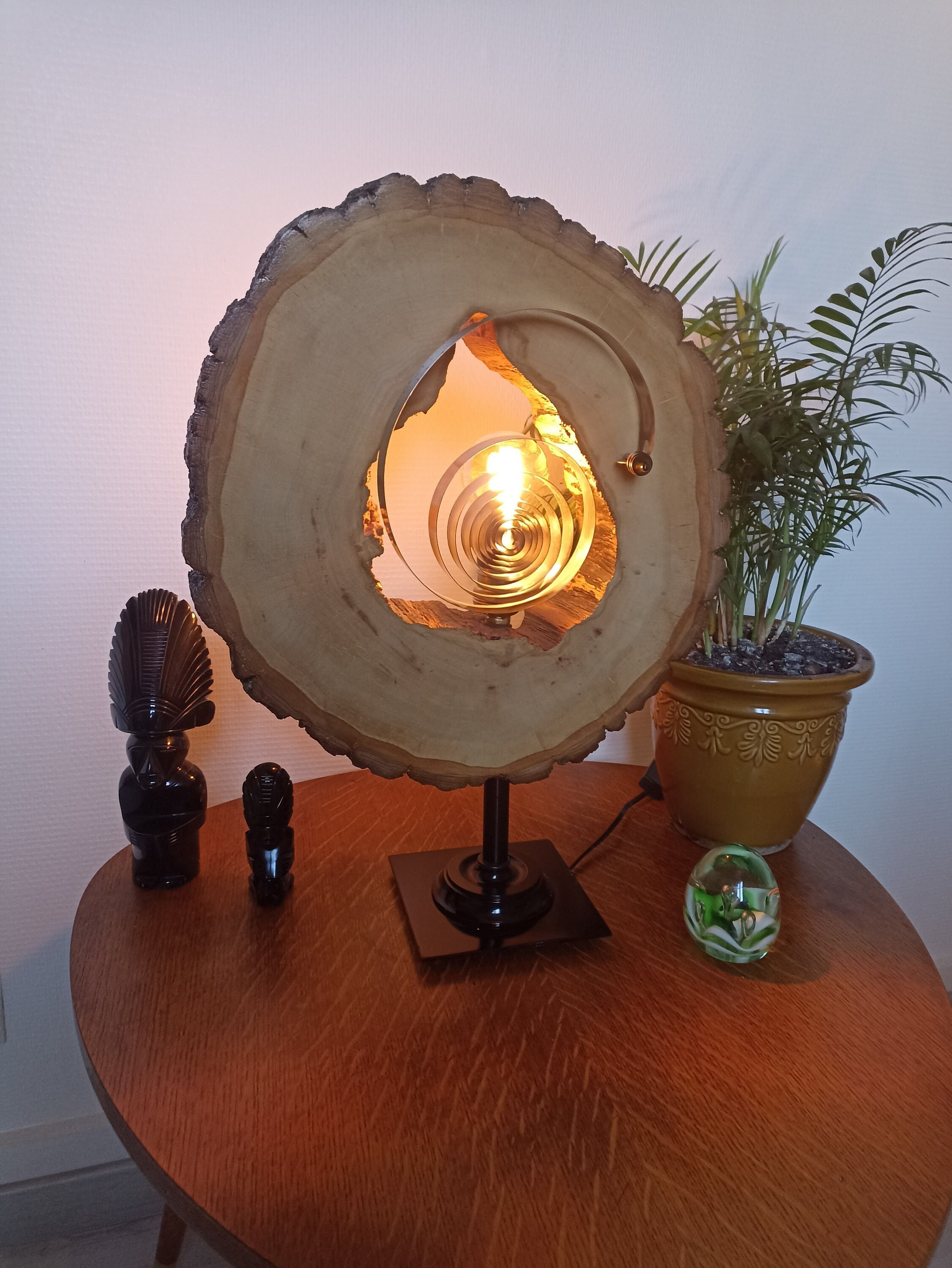 Lampe de table souche d'arbre en bois avec ampoule à filament de carbone  (fil de lin) | bol