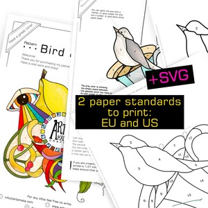 K&ouml;nnte beinhalten: Druckbare Vogelmuster f&uuml;r Glasmalereiprojekte. Die Designs zeigen eine detaillierte Vogelillustration mit nummerierten Abschnitten, ein farbenfrohes abstraktes Design und den Text "+SVG". Das Bild enth&auml;lt auch den Text "2 paper standards to print: EU and US".