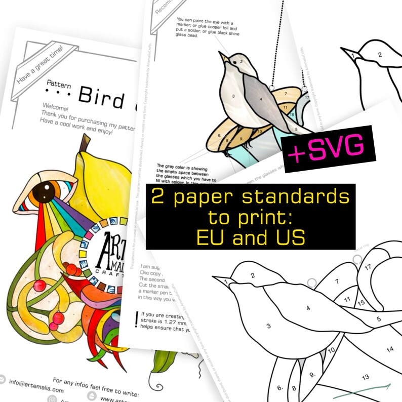 K&ouml;nnte beinhalten: Druckbare Vogelmuster f&uuml;r Glasmalereiprojekte. Die Designs zeigen eine detaillierte Vogelillustration mit nummerierten Abschnitten, ein farbenfrohes abstraktes Design und den Text "+SVG". Das Bild enth&auml;lt auch den Text "2 paper standards to print: EU and US".