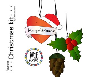 Christmas Suncatcher Stained Glass Pattern • Heart, Pinecone, Mistletoe (Digital Download)