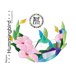 May include: A stained glass pattern of a hummingbird with a flower and a crystal. The pattern is numbered for easy assembly. The pattern is titled "Hummingbird" and is by Arte Amalia Crafts.