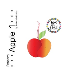 May include: A red and orange papercraft apple pattern with three numbered sections. The pattern is titled "Pattern 1: Apple" and is by Arte Amalia Crafts.