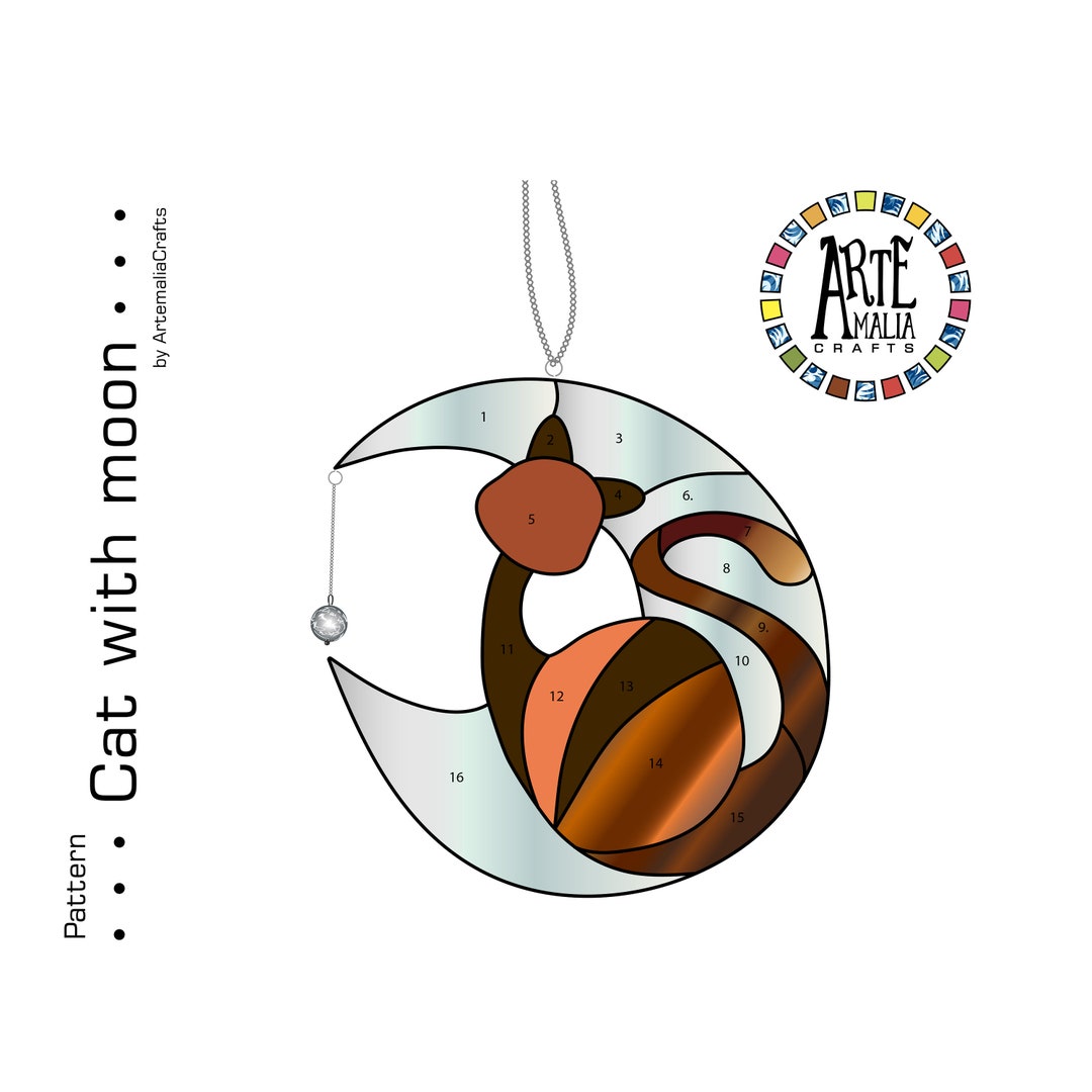 Stained Glass Pattern • Cat With Moon • Moon Suncatcher PDF • Cat Lover ...