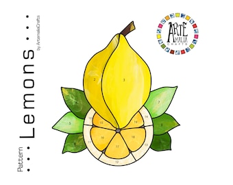 May include: A stained glass pattern for a lemon with 19 numbered sections. The lemon is yellow and the leaves are green. The pattern is titled "Lemons" and is by ArtemaliaCrafts.