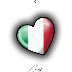 以下が含まれることがあります： イタリアの国旗の色、緑、白、赤で描かれたハート型のグラフィック。ハートは黒で縁取られており、光沢のある仕上げになっています。