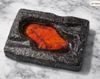 Mid Century Modern Fat Lava Ashtray Textured Stone Orange Red Glaze Vintage